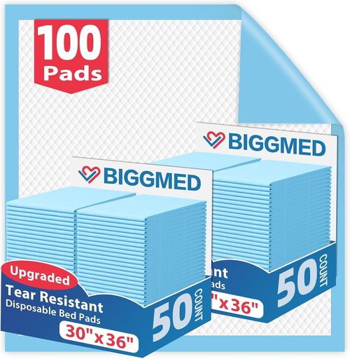 BIGGMED Tear-Resistant Disposable Bed Pads - 30" x 36" | 100 Count Absorbent Underpads for Adults & Pets