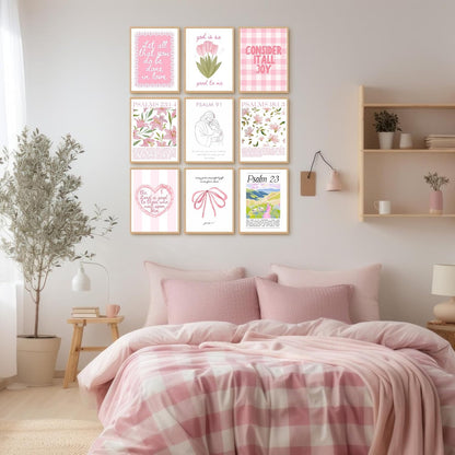 Skiennix 9-Piece Pink Christian Wall Art Set - Trendy Bible Verses & Psalms Decor | 8x10 Inch Prints for Girls' Rooms