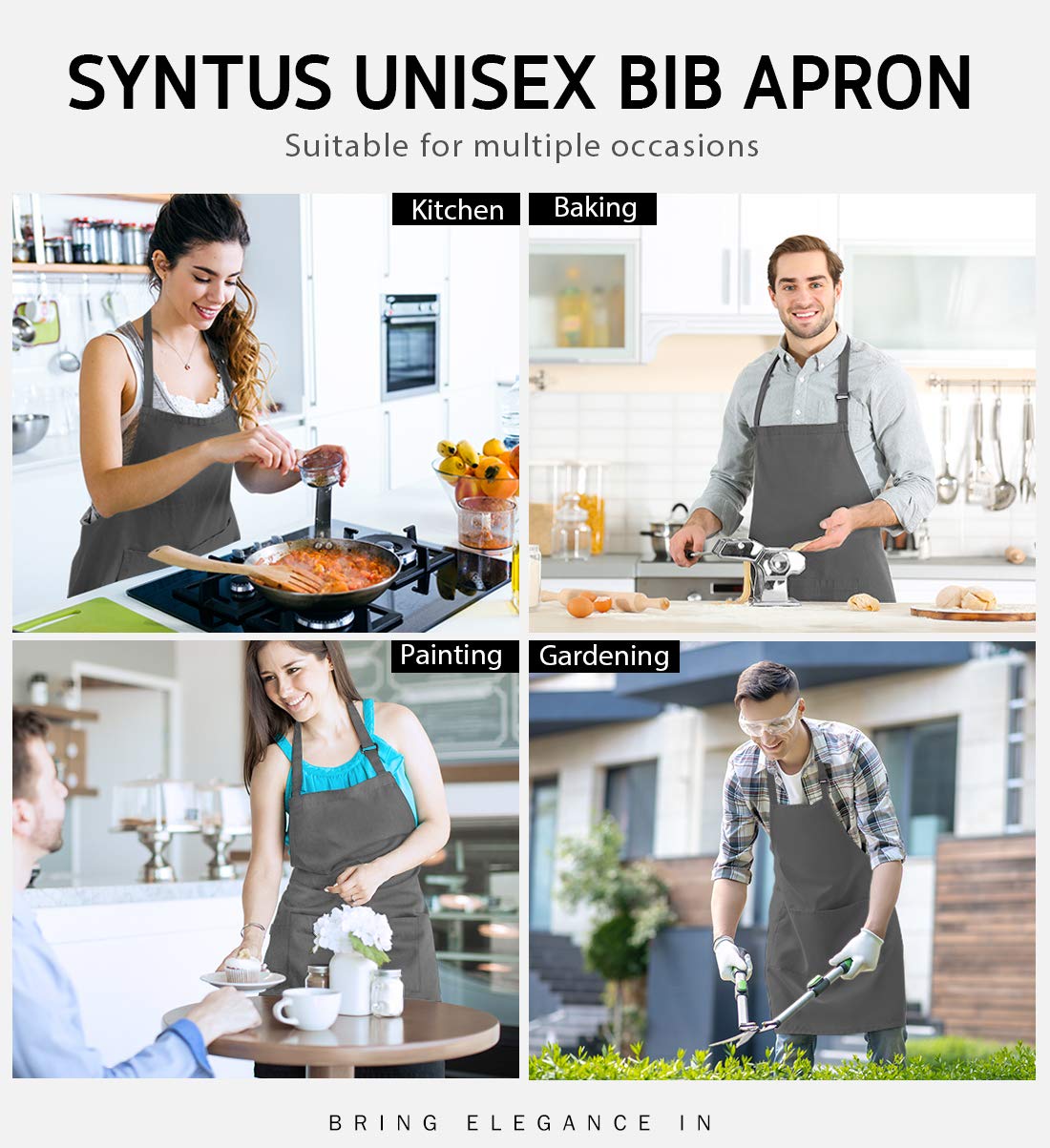 Syntus 2 Pack Adjustable Bib Apron Waterdrop Resistant with 2 Pockets Cooking Kitchen Aprons for BBQ Drawing, Women Men Chef, Grey