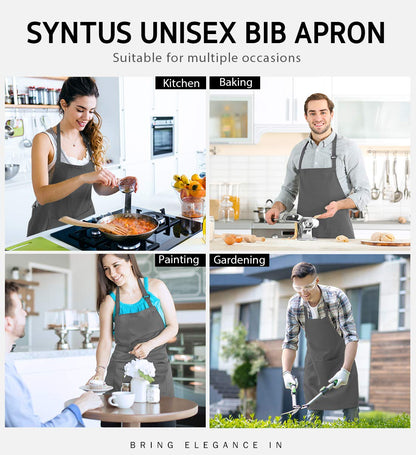 Syntus 2 Pack Adjustable Bib Apron Waterdrop Resistant with 2 Pockets Cooking Kitchen Aprons for BBQ Drawing, Women Men Chef, Grey