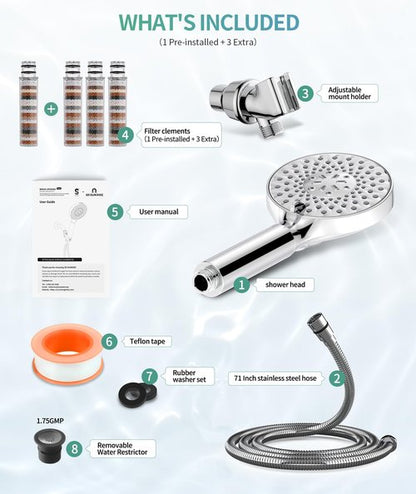 SR SUN RISE Filtered Shower Head with Handheld High Pressure 9 Spray Mode Showerhead Detachable Shower Head Water Softener Filters Beads for Hard Water Remove Chlorine 4 Filters Chrome