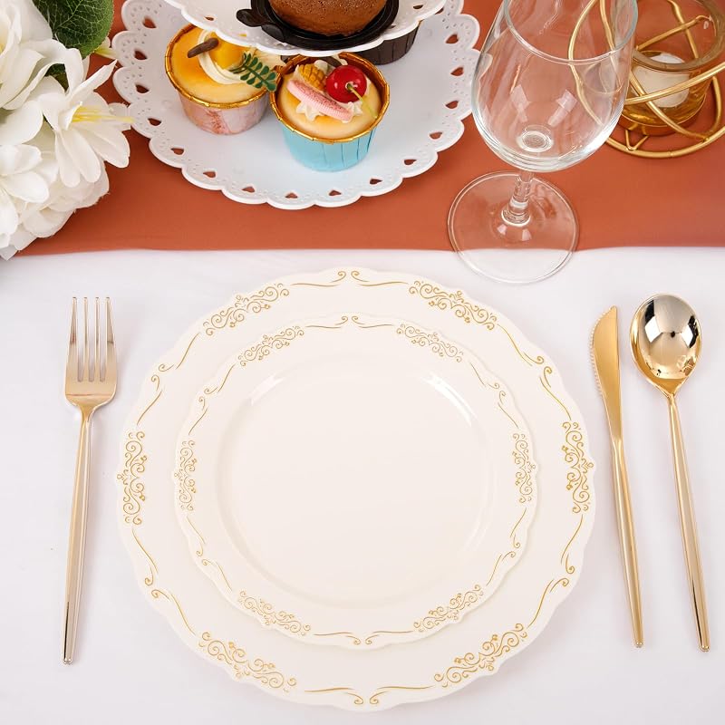 Ivory Plates with Gold Rim - 100 PCS Disposable Dinner & Dessert Plates - BPA Free - Ivory Gold (Variation: Ivory Gold)
