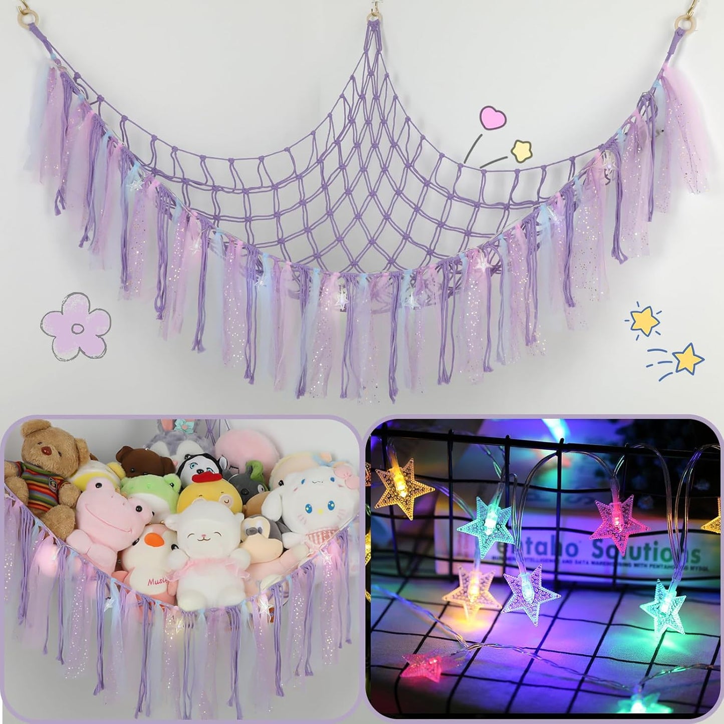 Stuffed Animal Hammock by [Brand Name] - 59-Inch LED Toy Storage Net for Kids' Bedroom | Wall-Mounted Plush Organizer in Handwoven Purple