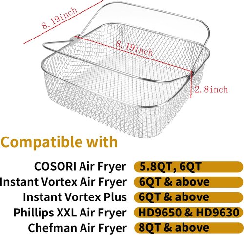 COSORI Square Air Fryer Basket - 304 Stainless Steel Mesh Replacement for 5.8QT & 6QT Models