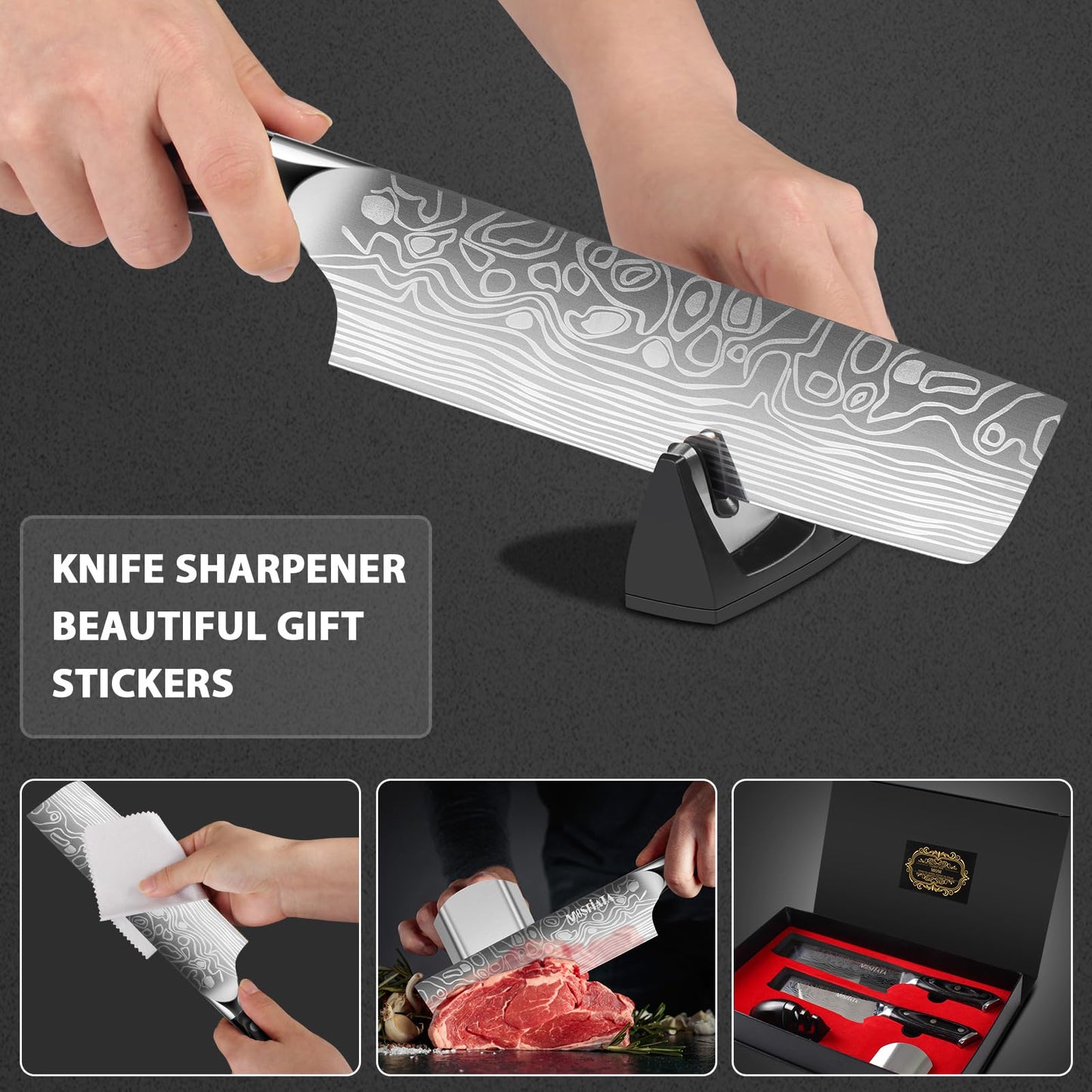 MOSFiATA Nakiri Kitchen Knife, 7”&5.5" Chef Knife Set, Ultra Sharp German Stainless Steel Cleaver Cooking Knife with Ergonomic Handle Gift Box