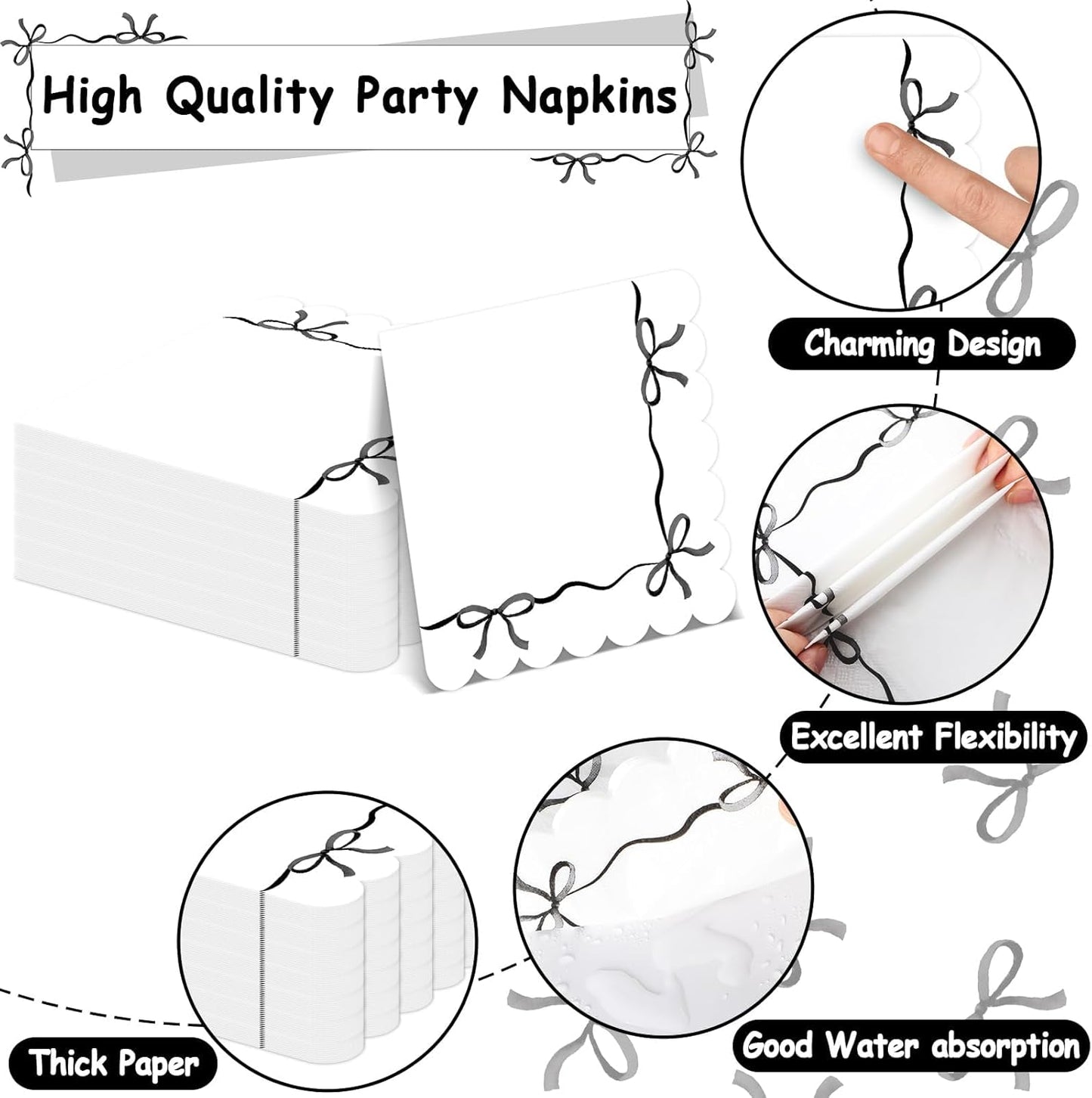 Skiennix 96-Piece Black & White Bow Party Decorations - Elegant Tableware for Birthdays & Showers, Serves 24