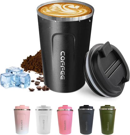 Skiennix Travel Coffee Mugs - Leak-Proof Reusable Stainless Steel Tumblers | 12oz Black Thermal Insulation