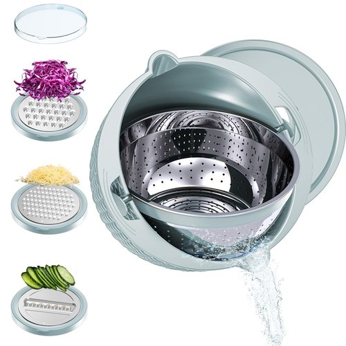 4-1 Colander with Mixing Bowl Set, Food Strainers and Colanders Set for Kitchen, Pasta Rice Strainer, Fruit and Veggie Washer, Salad Spinner, Kitchen Essentials Strainer Basket Bowl, Blue