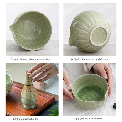 TANG PIN Matcha Set - Match Bowl with Spout and Whisk, 15 OZ, Matcha Scoop | Matcha Whisk Stand (Chasen Holder) - 4pc Perfect Matcha Kit for Matcha Tea Ceremony (Mottled Green)