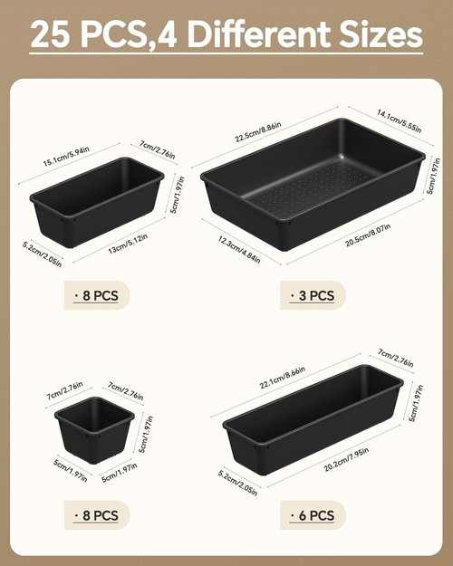 KEMETHY 25 PCS Plastic Drawer Organizers Set - Versatile Makeup & Desk Storage Trays | Black
