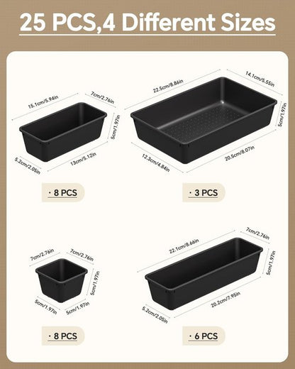 KEMETHY 25 PCS Plastic Drawer Organizers Set - Versatile Makeup & Desk Storage Trays | Black