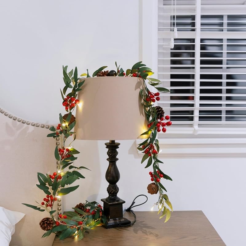 2 Pack 6ft Pre-lit Christmas Garland with Lights — Artificial Holly, Berries & Pine Cones (Variation: Willow Leaf)