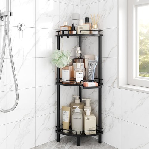ELYKEN Corner Shower Caddy - 3-Tier Rustproof Metal Organizer with Soap Holder & Adjustable Feet - Black