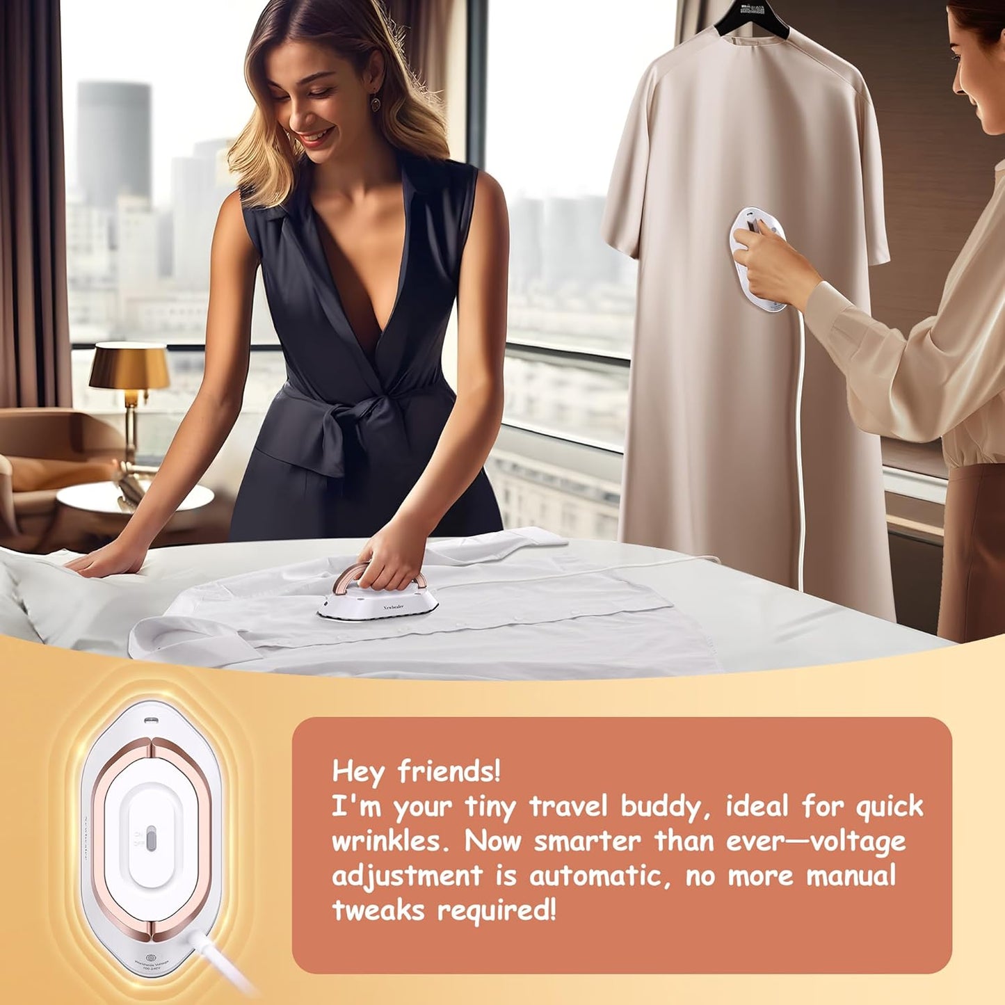 Newbealer Travel Iron - Mini Dry Iron with Global Voltage, 100-240V, 300W, Non-Stick Ceramic Soleplate, Gold
