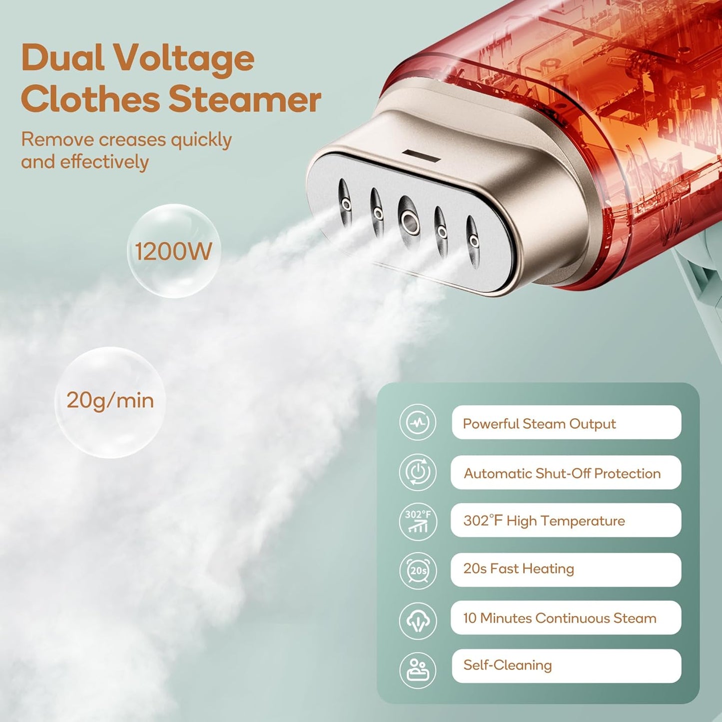 Newbealer Travel Steamer - Dual Voltage 1200W Fabric Wrinkle Remover | Fast 20s Heat-Up, Foldable, 180ml (Green)