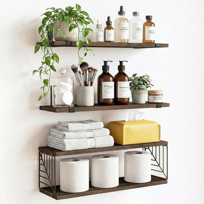 Fixwal Floating Bathroom Shelves - Rustic 15.8in Wood Wall Decor for Bathroom, Living Room & Kitchen | Dark Brown