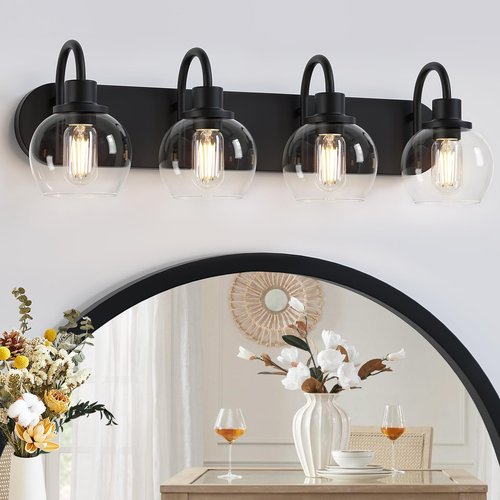 Dpyrrhic Industrial Bathroom Vanity Light， 4-Light Bathroom Lights Over Mirror with Clear Glass Globe Shade and Metal Base, Matte Black Bathroom Vanity Light Fixture