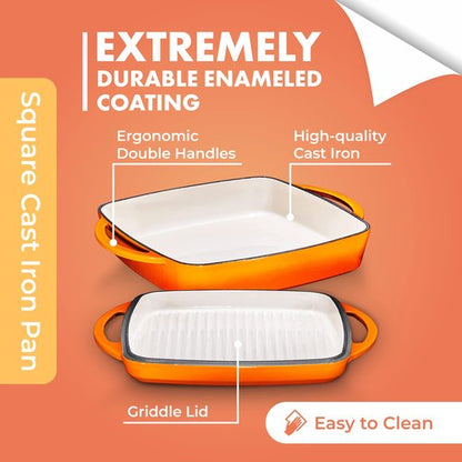 Bruntmor 2-in-1 Square Pumpkin Spice Cast Iron Dutch Oven With Handles, Enamel All-in-One Cookware Set, Braising Pan For Casserole Dish, Crock Pot Covered Cast Iron Skillet