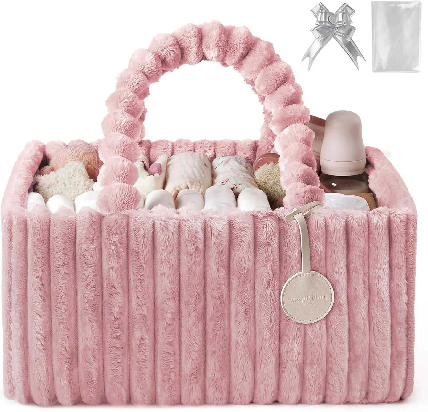 Blissful Diary Flannel Diaper Caddy Organizer - Cozy Nursery Storage Basket in Blush Pink | Perfect Baby Shower Gift