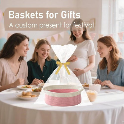 JMvicyroam Woven Basket - Small Rope Storage Bin with Handles | Versatile Organizer for Shelves & Closets - White & Pink (2 Pack)