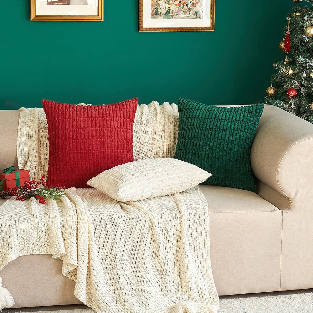 MIULEE Decorative Pillow Covers - Soft Dark Green Corduroy, 20x20 Inch | Boho Striped Design for Modern Home Decor