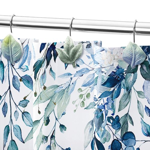 Gibelle 12PCS Leaves Shower Curtain Hooks, Blue Plant Leaf Decorative Shower Curtain Hooks Metal Rustproof Cute Eucalyptus Shower Curtain Rings Bathroom Decoration Accessories