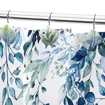 Gibelle 12PCS Leaves Shower Curtain Hooks, Blue Plant Leaf Decorative Shower Curtain Hooks Metal Rustproof Cute Eucalyptus Shower Curtain Rings Bathroom Decoration Accessories