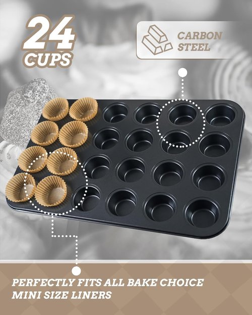 Bake Choice Mini Muffin Pan - Nonstick 24-Cup Design with 200 Natural Cupcake Liners Included