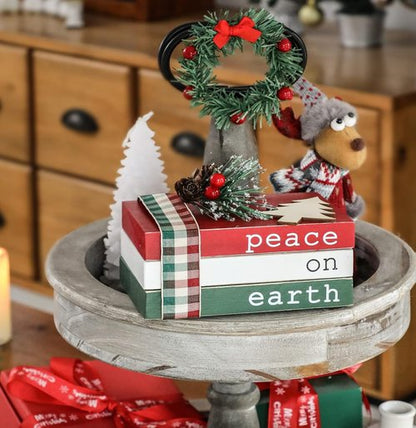 Christmas Wood Book Stack - Mini Faux Decorative Books with Pine Berry | Farmhouse Tiered Tray Decor