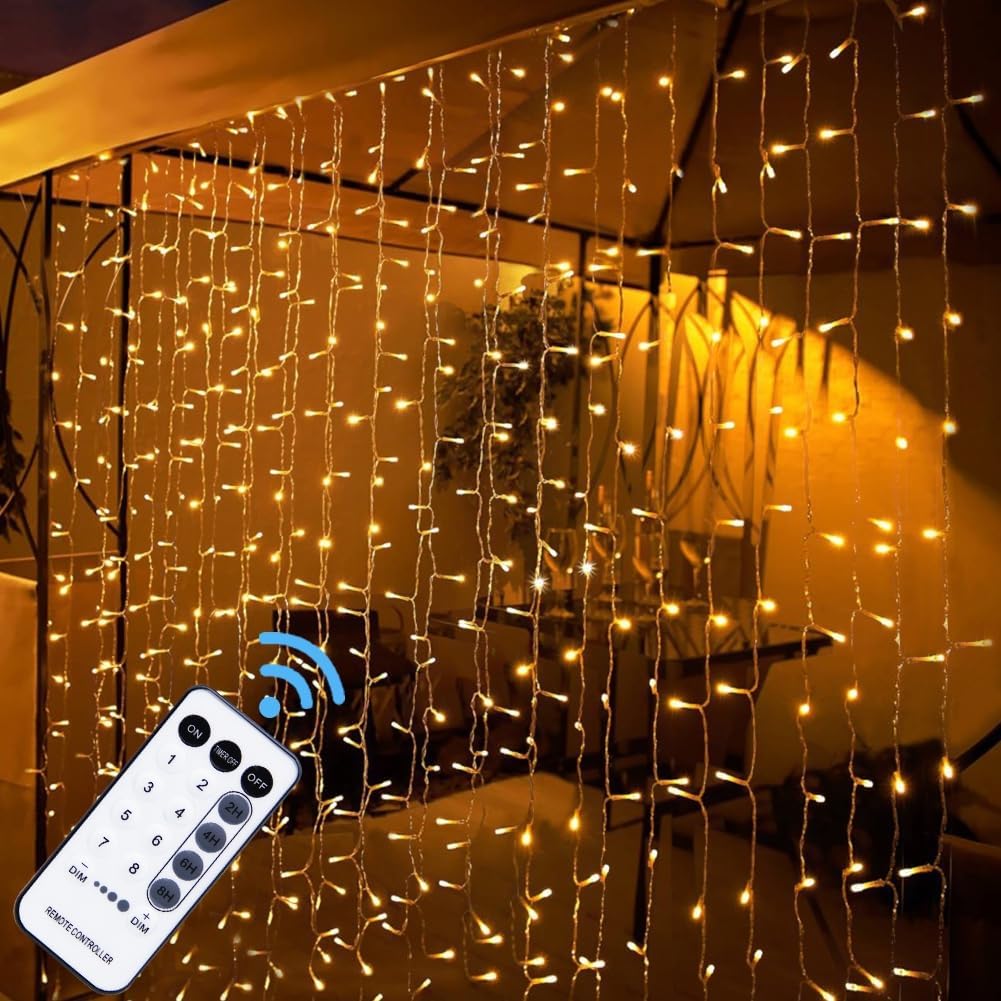 WATERGLIDE 300 LED Curtain Lights - Remote Control Holiday String Lights | 8 Lighting Modes, Warm White