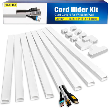 YesBes Cord Hider Kit - 116in Paintable Cable Raceway for Wall-Mounted TVs | White Wire Covers 0.96in x 0.57in