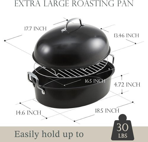 KITESSENSU Extra Large Roasting Pan with Lid - Nonstick Turkey Roaster with Rack - 18.5 x 14.5 In, Heavy Duty Grey