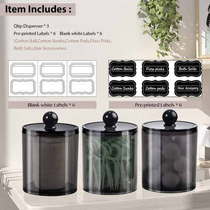 SheeChung Qtip Holder Set - 3-Pack Black Plastic Dispenser with Lids | Minimalist Bathroom Organizer