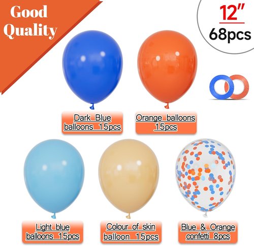 68Pcs Blue & Orange Balloons - 12 Inch Decorative Balloons for Birthday & Graduation Parties