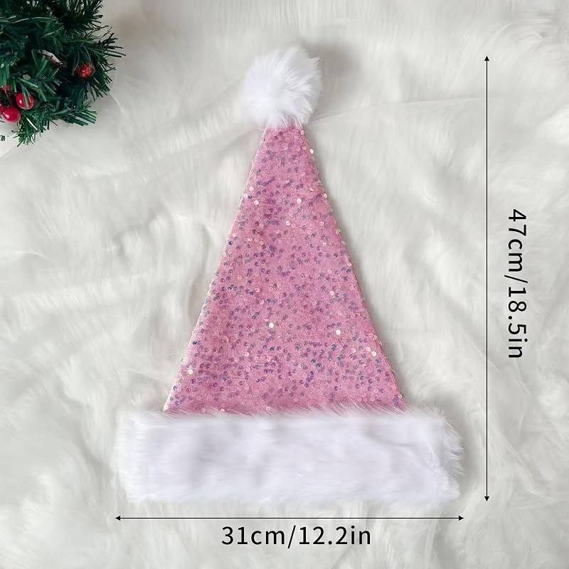 Pink Double-Layer Sequin Christmas Hat for Adults with Snowflake Pattern - Festive Santa Costume Accessory