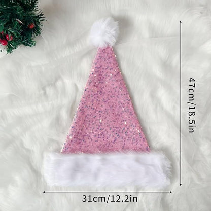 Pink Double-Layer Sequin Christmas Hat for Adults with Snowflake Pattern - Festive Santa Costume Accessory