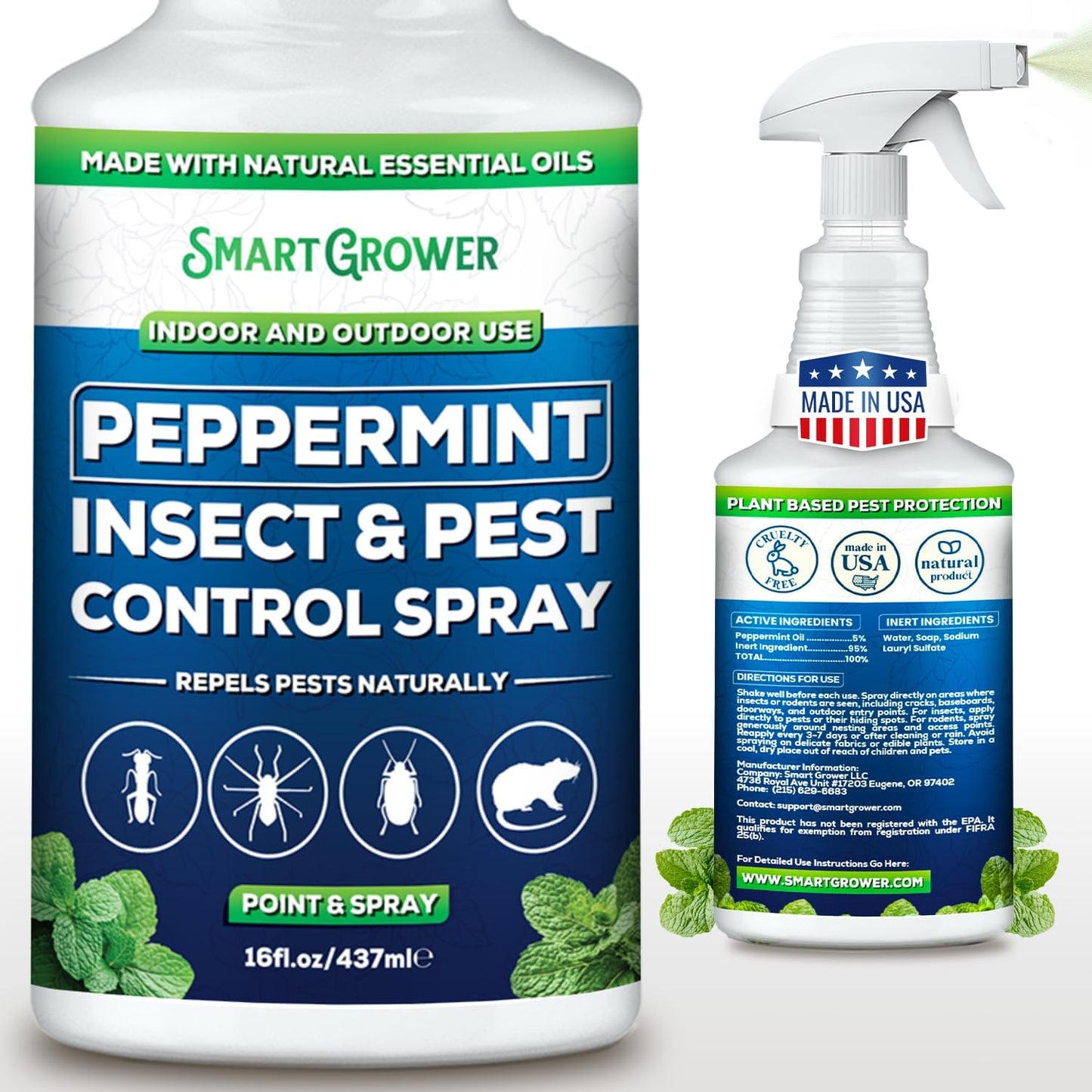 Smart Grower Peppermint Oil Insect & Pest Control Spray - Maximum Strength, 16 FL OZ | Repels Mice, Spiders, Ants