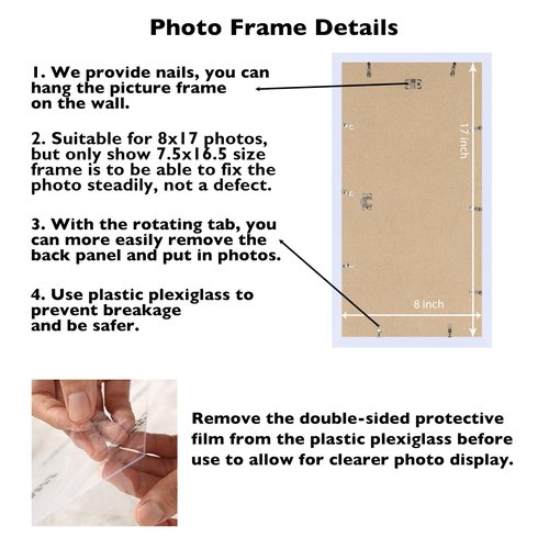 JCJMY 8x17 Picture Frame White for Poster Photo Picture, Horizontal and Vertical Formats for Wall Hanging, 8 x 17 Wall Gallery Poster Photo Frame for 8 by 17 Photos Posters, White