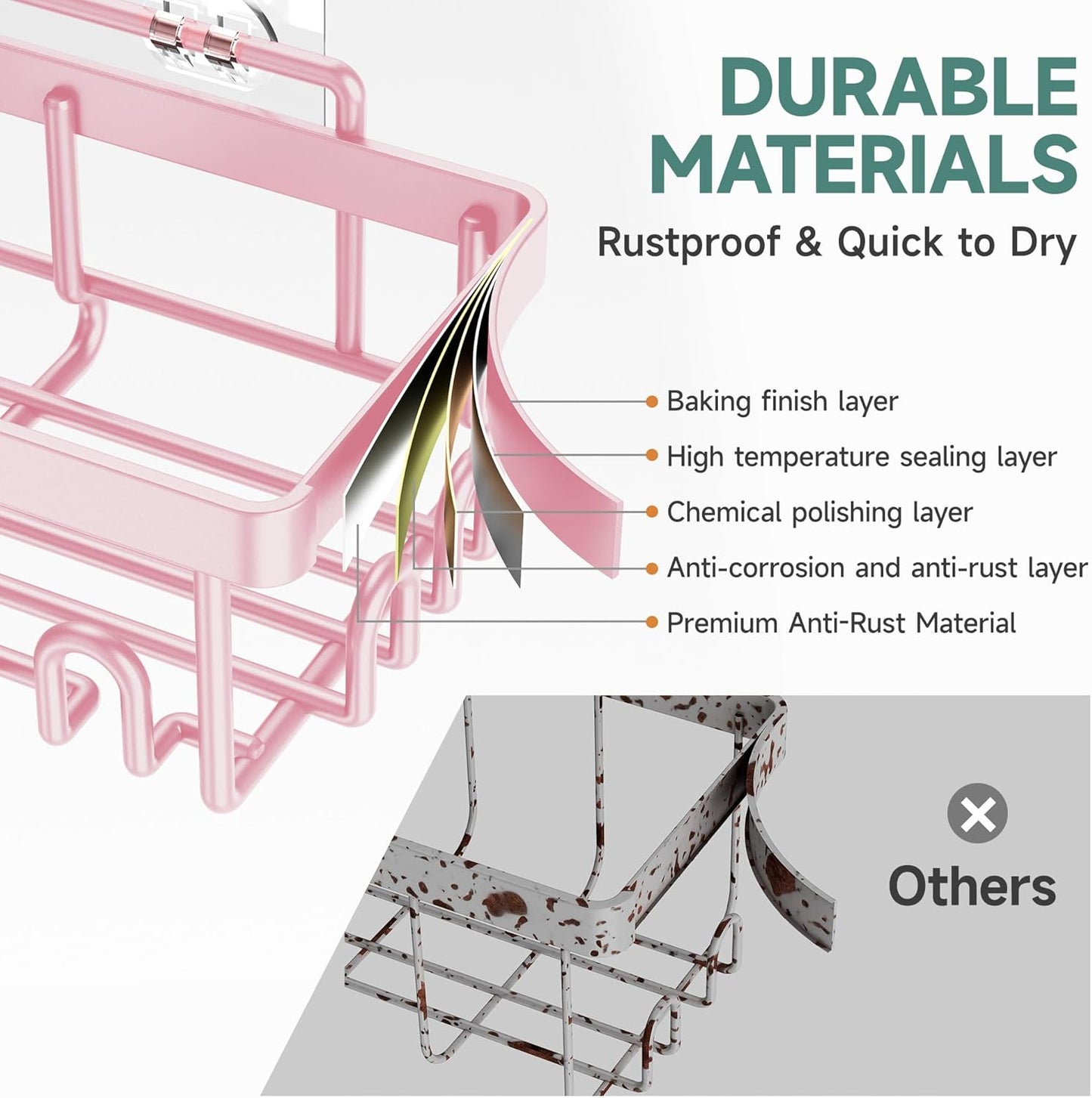 Veken Shower Caddy - Large Capacity 6-Pack, Rustproof & No Drilling | Adhesive Bathroom Organizers - Pink