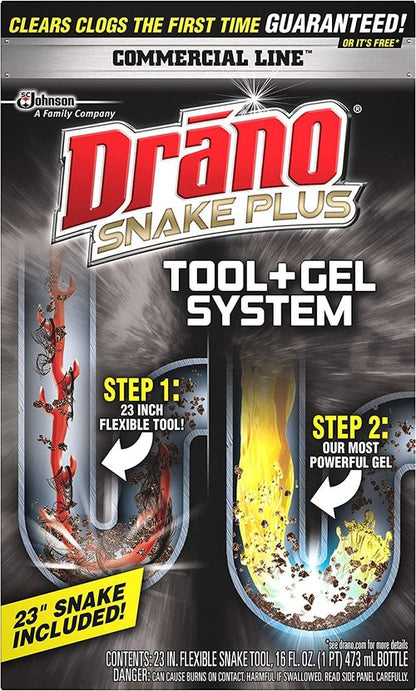 Drano Gel Drain Clog Remover and Cleaner 16oz and Snake Plus Tool 23 inches, Unclogs tough blockages, Commercial Line