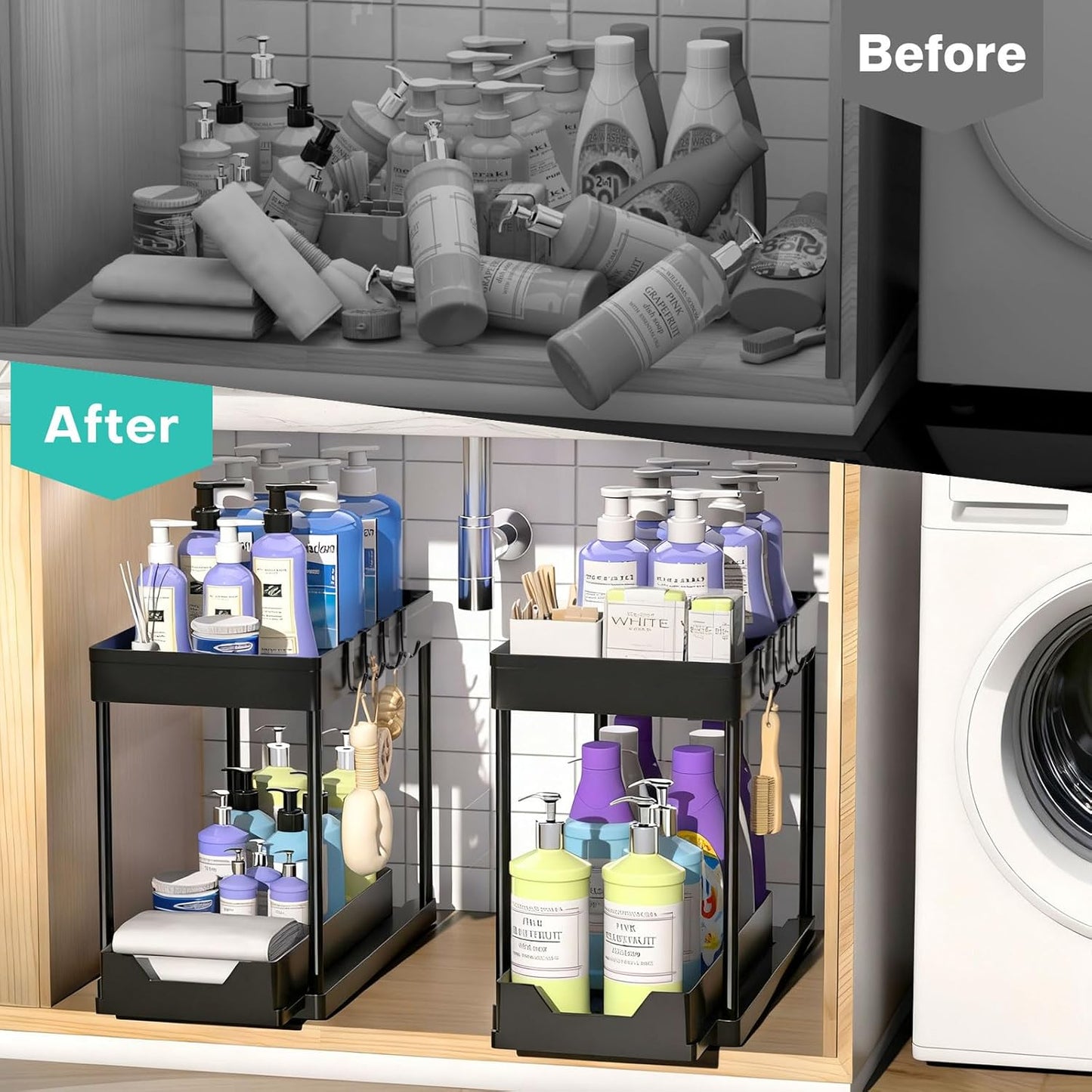 Under Sink Organizers by [Brand Name] - 2 Pack Pull-Out Sliding Cabinet Organizer with 2-Tier Storage Shelf & 4 Hooks | Multi-Purpose for Kitchen & Bathroom (13 Inch, Black)