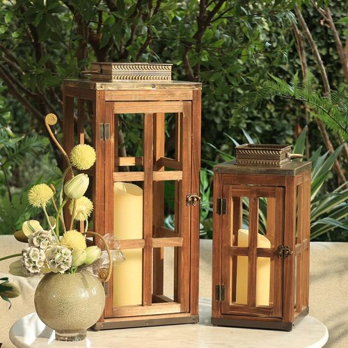 DECORKEY Large Rustic Wooden & Metal Lantern Set - 28''/20'' H Indoor/Outdoor Candle Holders | Dark Brown