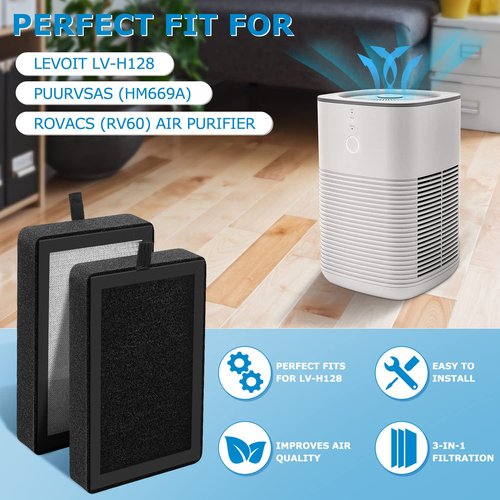 4 Pack LV-H128 Replacement Filter Compatible with LEVOIT LV-H128 / PUURVSAS (HM669A) / ROVACS (RV60) Air Purifiers, 3-IN-1 Filter for LV-H128-RF Replacement Filter