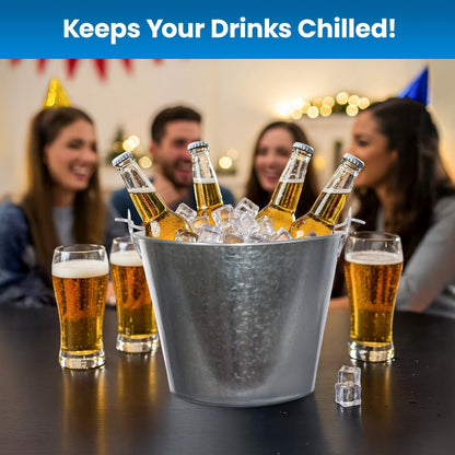 PLEXON Metal Ice Bucket for Parties Coctail Bar Restaurant - Drink Beer Champagne Metal Pail Bucket with Handle, Beverage Chiller, Galvanized Steel, 1.3 Gallon, Set of 3