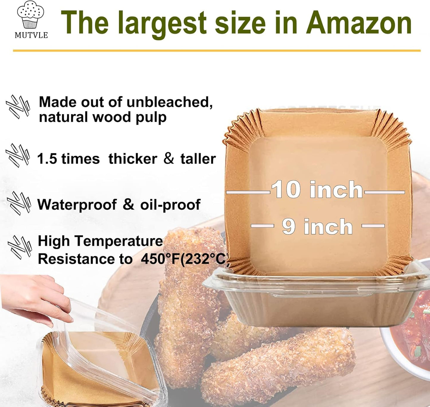Skiennix 10-Inch Square Air Fryer Disposable Paper Liners - XXL 100-Pack, Non-Stick Food Grade Parchment for Frying & Roasting