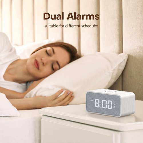 ANJANK Wooden Alarm Clock Radio with Bluetooth Speaker, Wireless Charging Station for iPhone/Samsung, Dual Alarms, Auto-sync Time, 0-100% Dimmer, Digital Clock for Bedrooms Bedside Desk