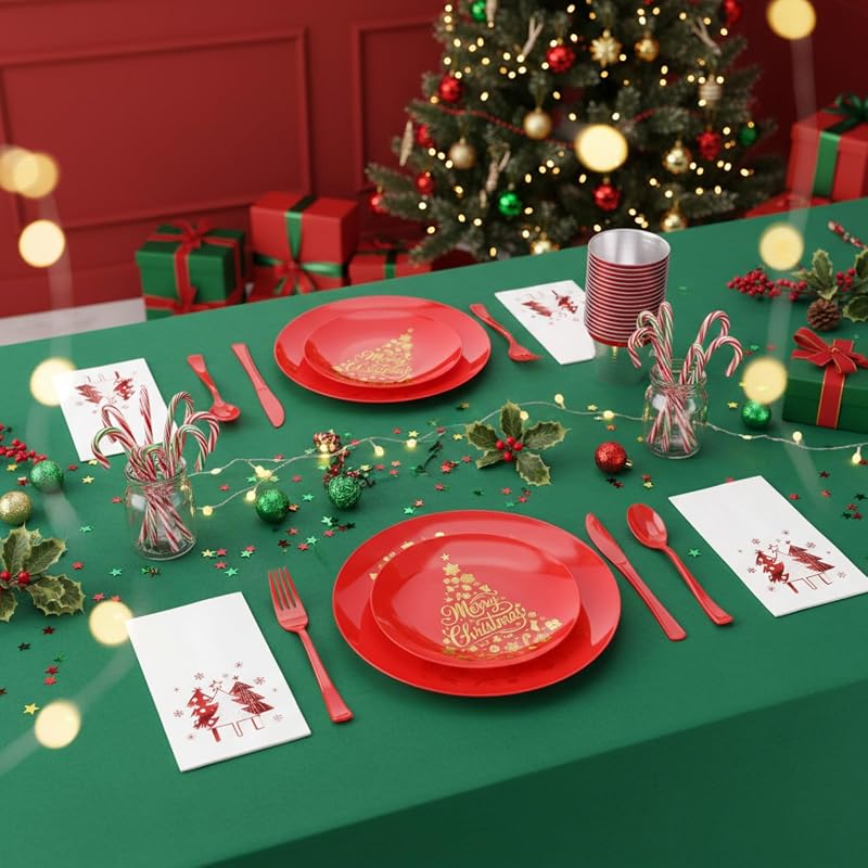 Christmas Disposable Dinnerware Set 280 PCS - 40 Plates, 40 Cups, 40 Dessert Plates, 40 Napkins, 40 Cutlery