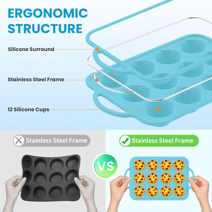 Skiennix Silicone Muffin Pan - 12-Cup BPA-Free Baking Tray with Metal Reinforced Frame | Blue