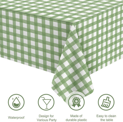 Skiennix Disposable Plastic Tablecloths - Sage Green Gingham Checkered Design | 54 x 108 Inch for Parties