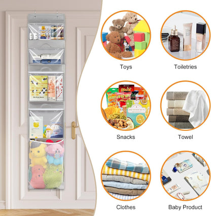 Woodoulogy Hanging Toy Storage - Over Door Stuffed Animal Organizer with 4 Removable Bags & Mesh Pocket